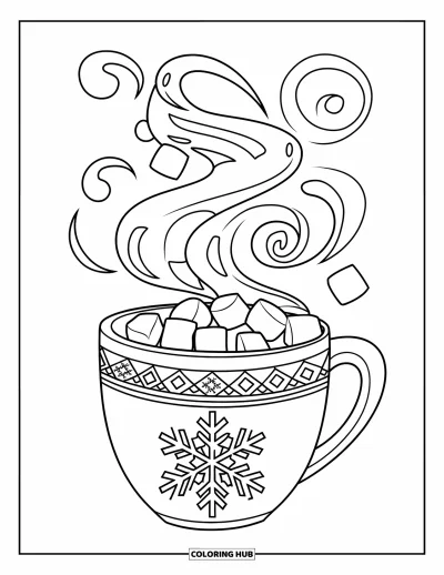 Coloriage de Noël pour enfants : Une tasse festive de chocolat chaud avec des guimauves et une vapeur en volutes sur le thème de Noël