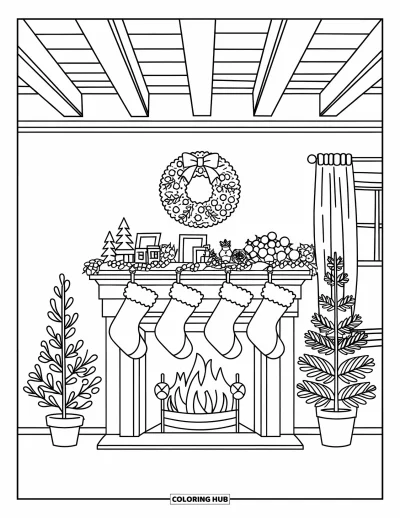 Coloriage de Noël pour enfants : Une cheminée festive avec des chaussettes, un manteau décoré et une ambiance de fête chaleureuse