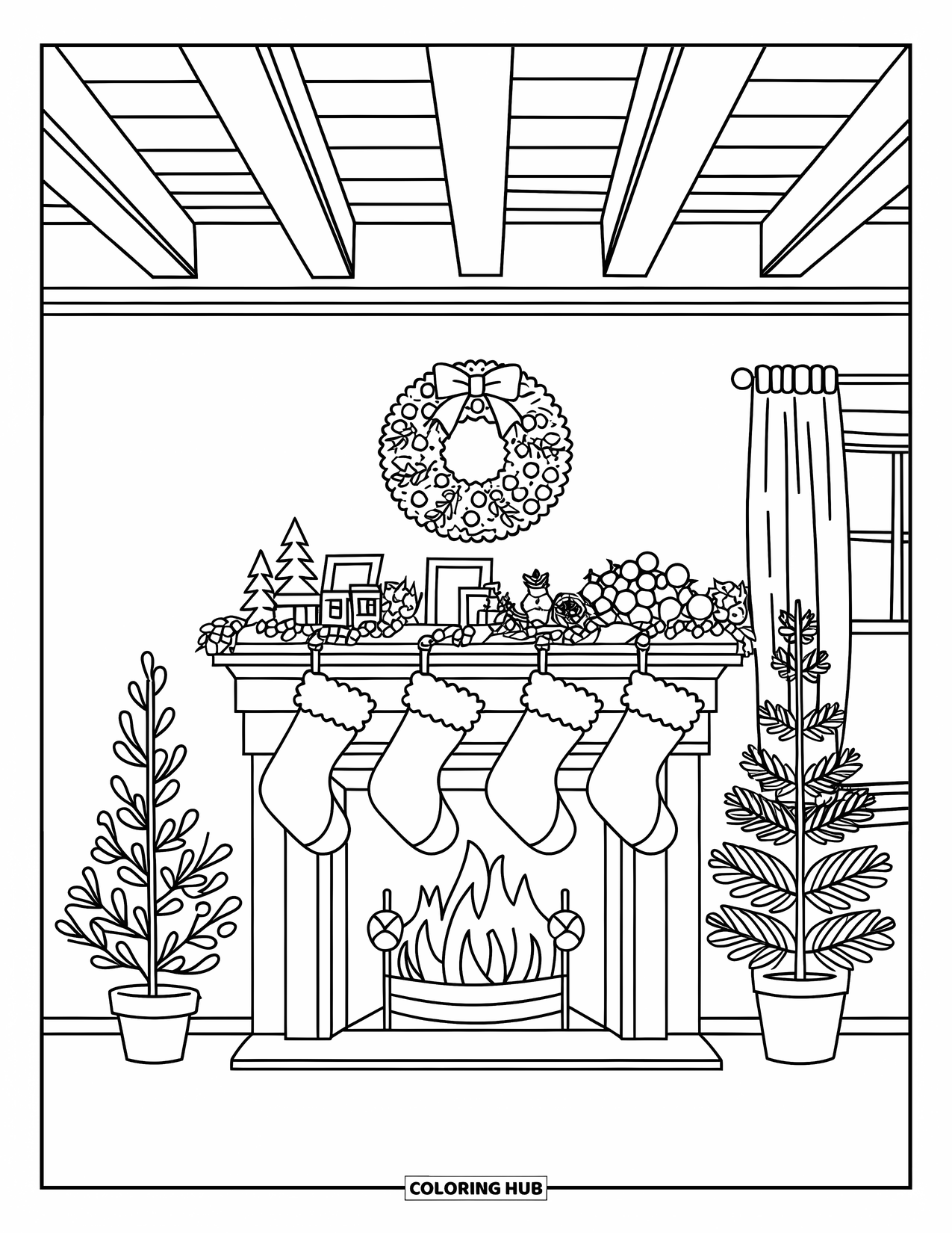 Weihnachts-Ausmalbild für Kinder: Ein festlicher Kamin mit Strümpfen, einem geschmückten Kaminsims und einer gemütlichen Weihnachtsatmosphäre