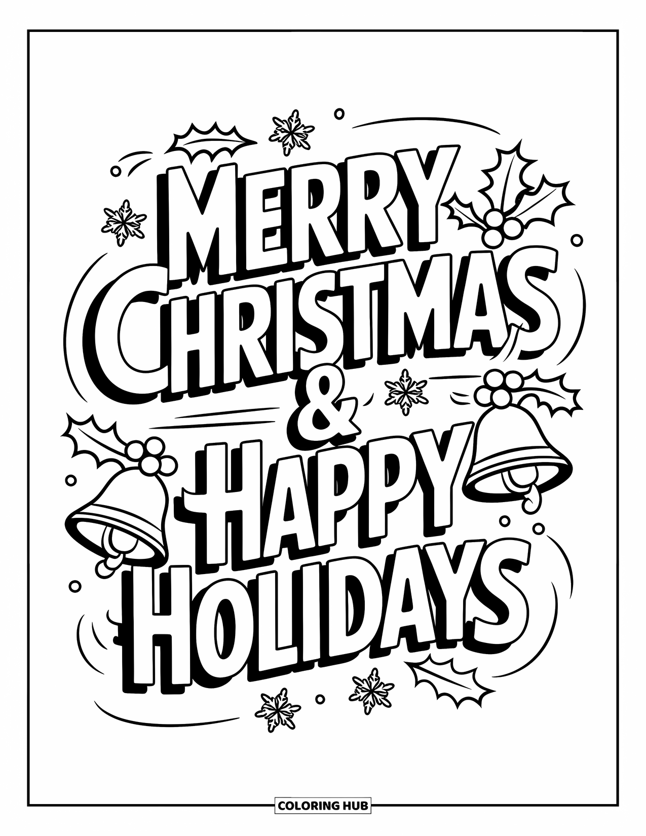 Weihnachts-Ausmalbild für Kinder: Ein festliches Schriftzug-Design mit "Merry Christmas & Happy Holidays", umgeben von Weihnachtssymbolen