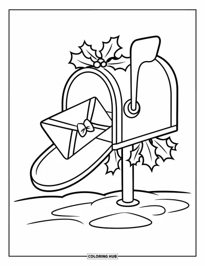 Coloriage de Noël pour enfants : Une boîte aux lettres festive avec un nœud se dresse dans la neige, entourée d’une scène d’hiver ludique