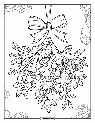 Coloriage de Noël pour enfants : Une branche de gui festive avec de petites baies et un ruban, entourée de volutes de fête