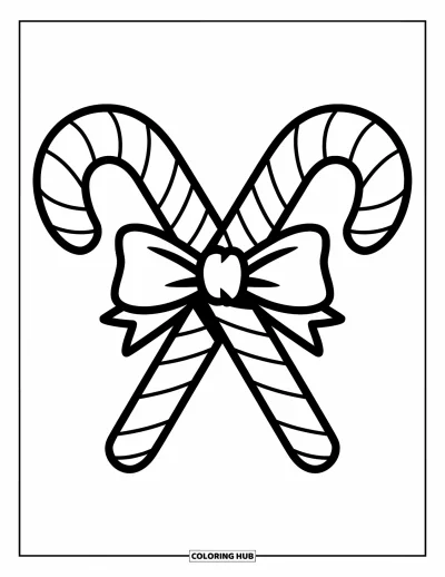 Coloriage de Noël pour enfants : Une paire festive de cannes en sucre d’orge attachées avec un nœud, parfaite pour une gourmandise de fête