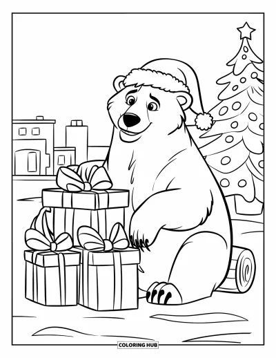 Coloriage de Noël pour enfants : Un ours polaire festif avec un bonnet de Père Noël, entouré de cadeaux et d’un paysage hivernal