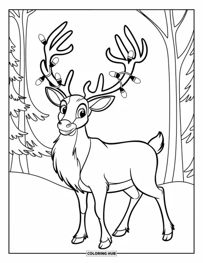 Coloriage de Noël pour enfants : Un renne festif avec des lumières scintillantes sur ses bois se tient dans un décor enneigé