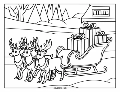 Coloriage de Noël pour enfants : Un traîneau festif rempli de cadeaux, tiré par des rennes à travers un paysage hivernal féerique