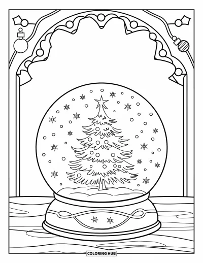 Coloriage de Noël pour enfants : Une boule à neige festive avec un sapin scintillant à l’intérieur, posée sur un support en bois