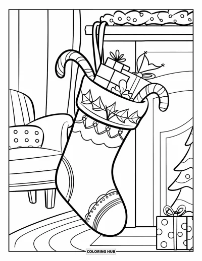 Coloriage de Noël pour enfants : Une chaussette festive débordant de cadeaux, suspendue à une cheminée décorée