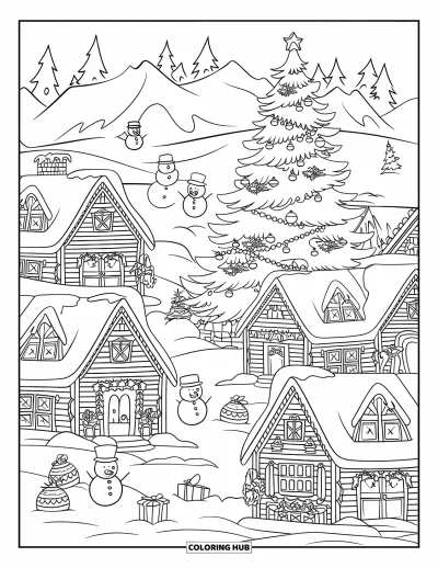 Coloriage de Noël pour enfants : Un village festif avec des lumières scintillantes, des toits enneigés et un grand sapin de Noël