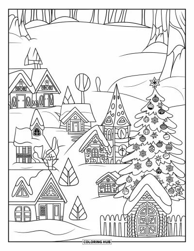 Coloriage de Noël pour enfants : Une scène d’hiver festive avec un village de Noël, un sapin décoré et le traîneau du Père Noël