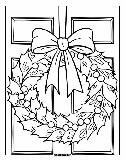 Coloriage de Noël pour enfants : Une couronne festive avec des feuilles de houx et un nœud est accrochée à une porte en bois