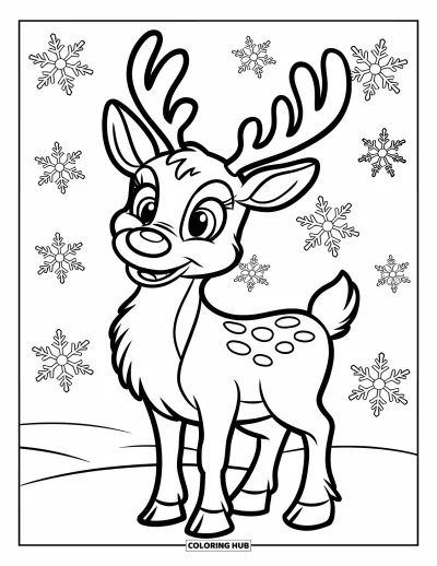 Coloriage de Noël pour enfants : Un renne amical avec de grands bois et un nez rond se tient dans la neige