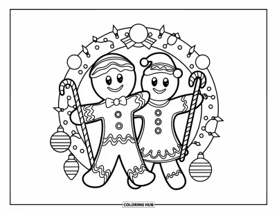 Coloriage de Noël pour enfants : Un bonhomme et une bonhomme en pain d’épices habillés de glaçage tiennent des cannes en sucre d’orge