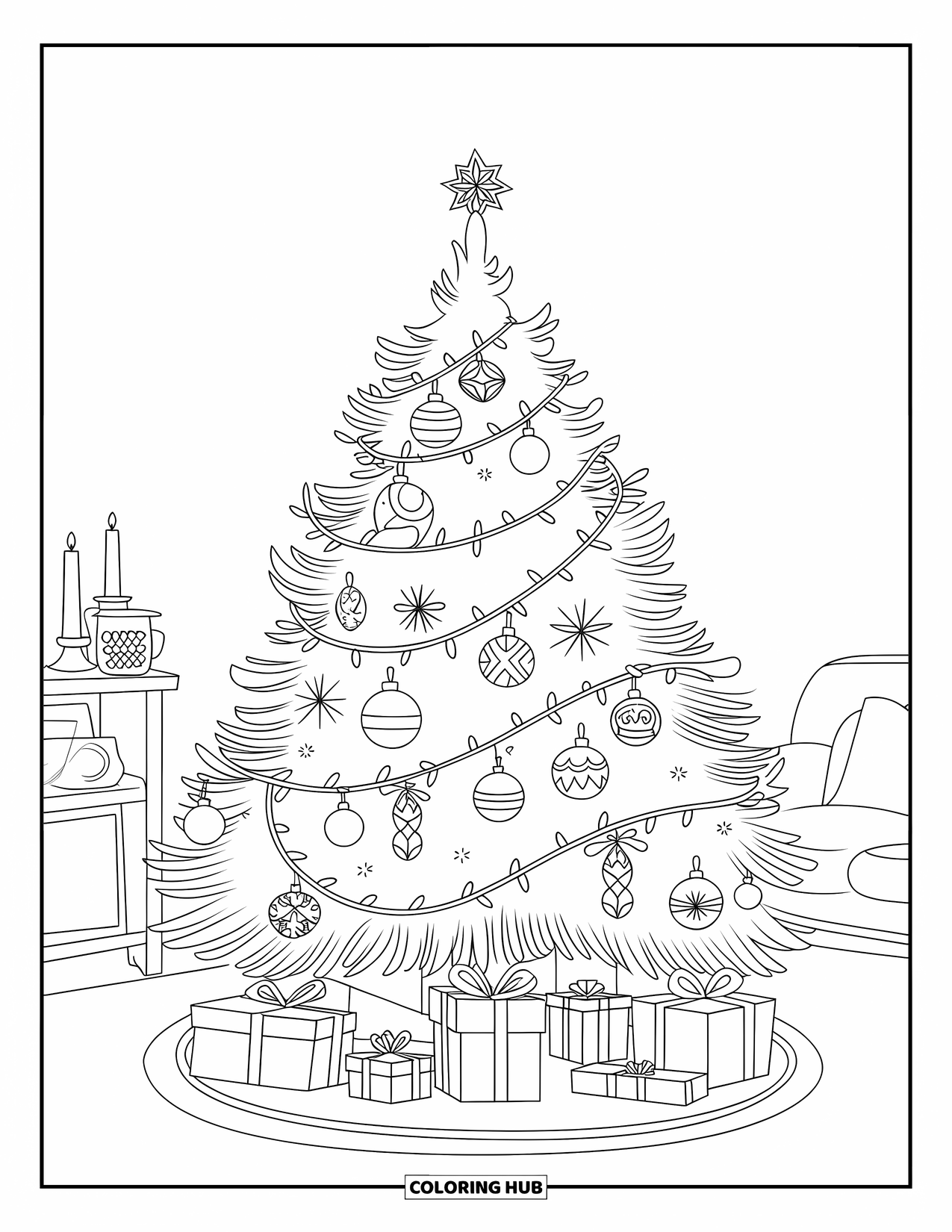 Weihnachts-Ausmalbild für Kinder: Ein leuchtender Weihnachtsbaum mit eleganter Dekoration, funkelnden Lichtern und verpackten Geschenken