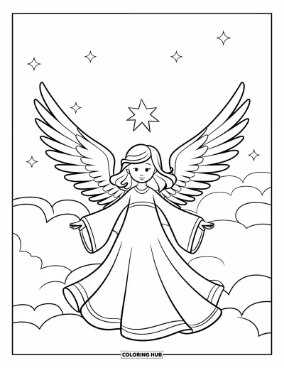 Coloriage de Noël pour enfants : Un ange gracieux aux grandes ailes se tient sur un nuage, illuminé sous un ciel étoilé