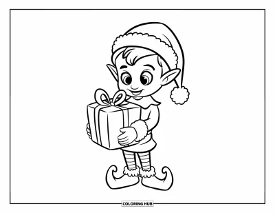 Coloriage de Noël pour enfants : Un elfe heureux portant un bonnet de Père Noël tient un beau cadeau emballé avec un grand sourire