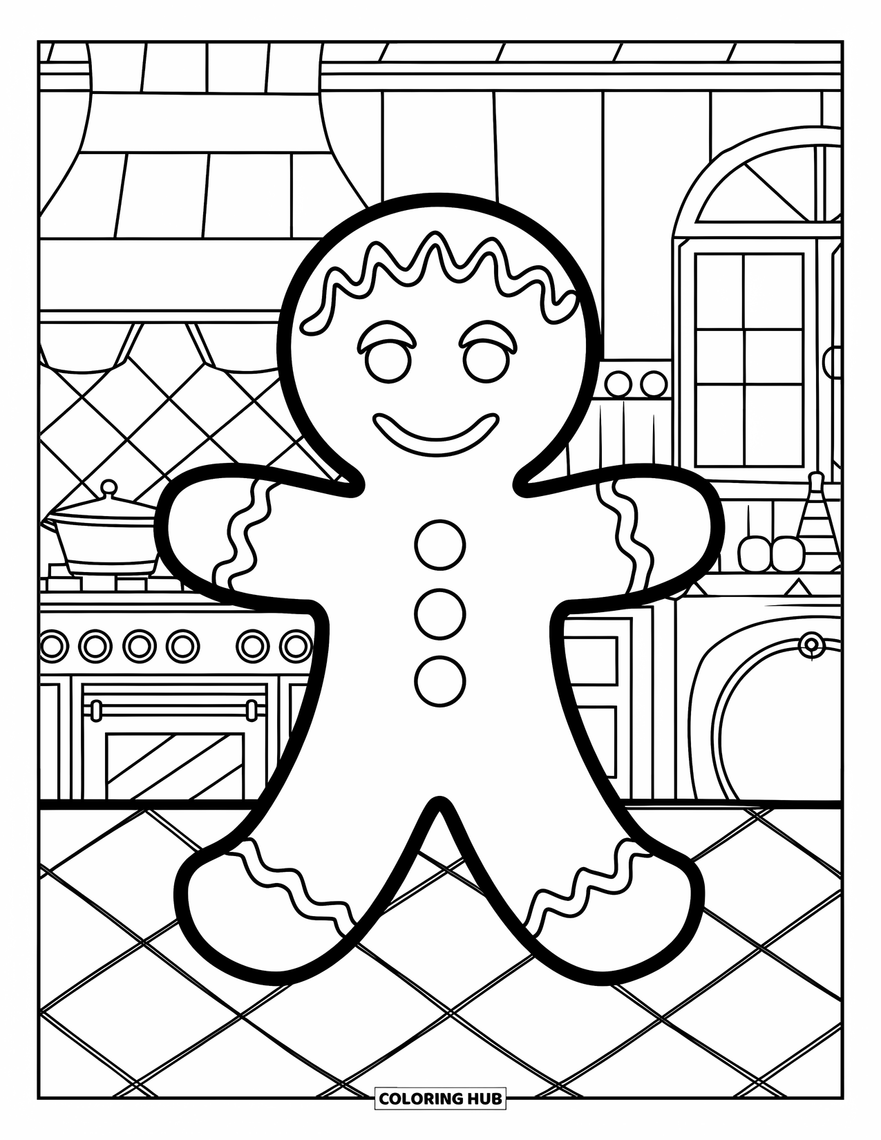 Weihnachts-Ausmalbild für Kinder: Ein fröhlicher Lebkuchenmann mit Süßigkeitenverzierungen steht in einer gemütlichen Küche