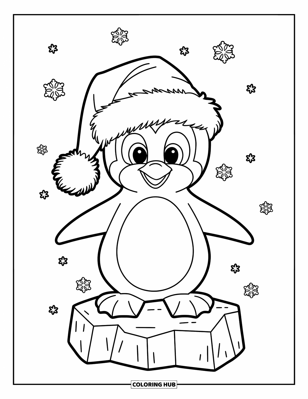 Weihnachts-Ausmalbild für Kinder: Ein fröhlicher Pinguin mit Weihnachtsmannmütze balanciert auf einem Eisblock, umgeben von Schneeflocken