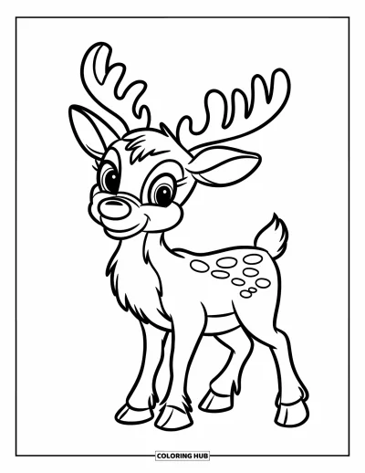Coloriage de Noël pour enfants : Un renne heureux au nez rond et à l’expression malicieuse se tient dans une scène d’hiver
