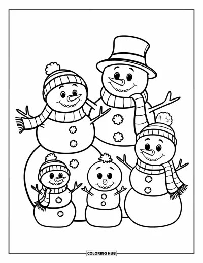 Coloriage de Noël pour enfants : Une famille de quatre bonshommes de neige souriants se tient ensemble, emmitouflée dans des écharpes et des bonnets