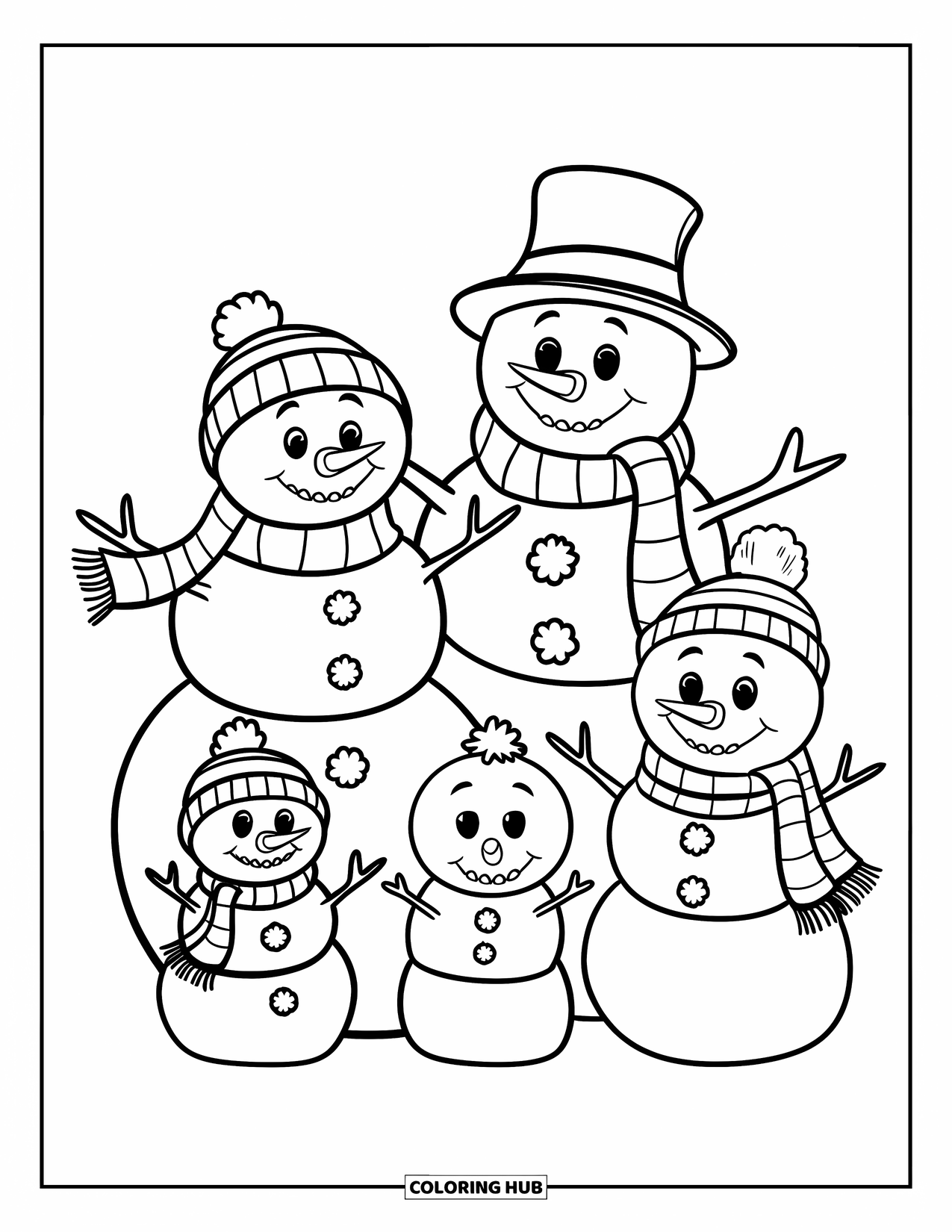 Weihnachts-Ausmalbild für Kinder: Eine fröhliche Schneemannfamilie mit vier Mitgliedern steht zusammen, eingepackt in Schals und Mützen