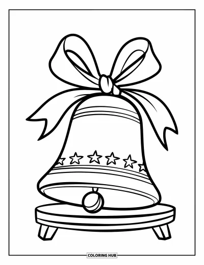 Coloriage de Noël pour enfants : Une cloche de fête avec un ruban et de petits motifs d’étoiles repose sur un support en bois