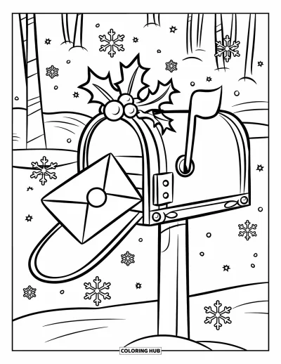 Coloriage de Noël pour enfants : Une boîte aux lettres de fête avec du houx et un nœud, entourée de flocons dans une scène hivernale