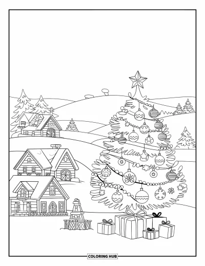 Coloriage de Noël pour enfants : Une scène de fête avec un village enneigé, un sapin surmonté d’une étoile et le traîneau du Père Noël en vol