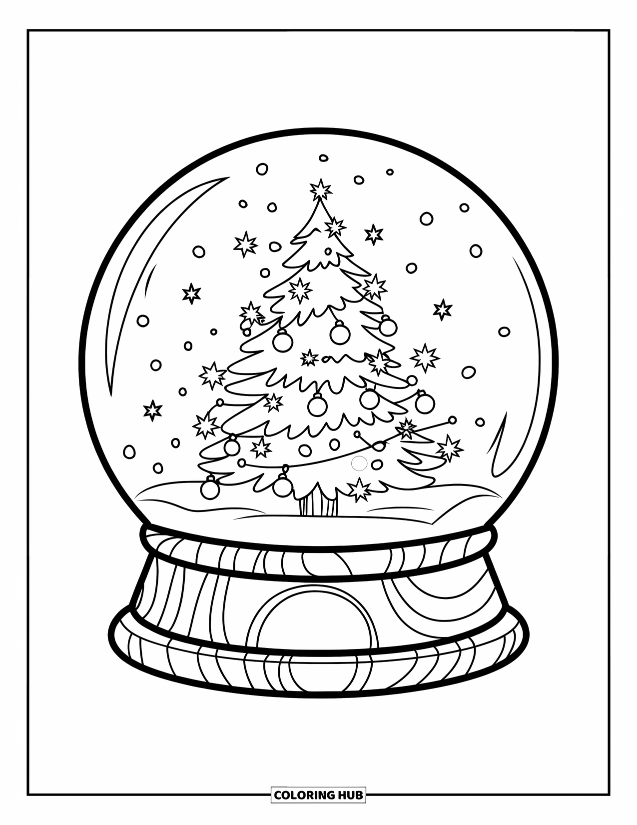 Weihnachts-Ausmalbild für Kinder: Eine weihnachtliche Schneekugel mit einem geschmückten Weihnachtsbaum mit Ornamenten und Lichtern
