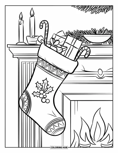 Coloriage de Noël pour enfants : Une chaussette de Noël avec des motifs brodés, remplie de petits cadeaux et de cannes en sucre d’orge