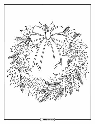 Coloriage de Noël pour enfants : Une couronne de fête faite de houx, de pommes de pin et de gui, nouée avec un ruban