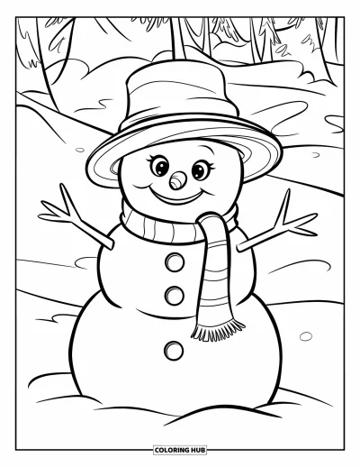 Coloriage de Noël pour enfants : Un bonhomme de neige jovial avec une écharpe et un bonnet chauds se tient dans un paysage hivernal féerique