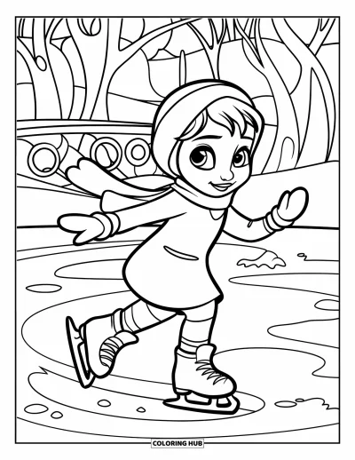 Coloriage de Noël pour enfants : Une fillette joyeuse tournoie sur la glace, enveloppée dans une écharpe et des moufles bien chaudes