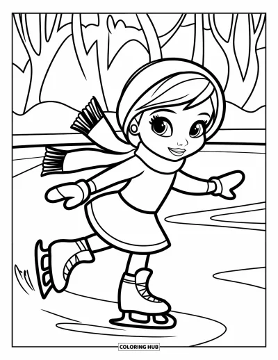 Coloriage de Noël pour enfants : Une petite fille patine avec grâce sur un étang gelé, son écharpe flottant derrière elle