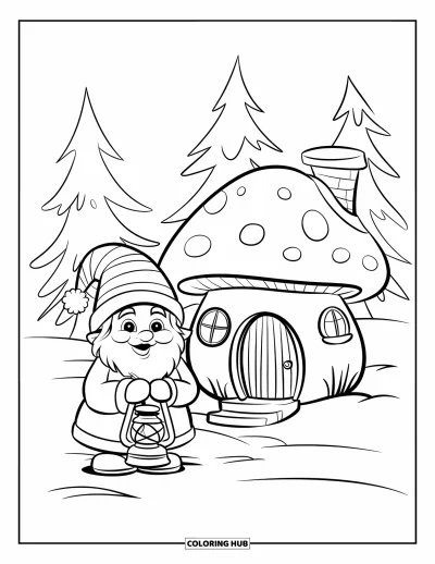 Coloriage de Noël pour enfants : Un petit lutin d’hiver avec une lanterne se tient à côté d’une maison champignon douillette