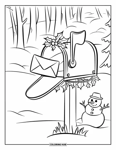 Coloriage de Noël pour enfants : Une boîte aux lettres avec une lettre qui dépasse, décorée de houx, à côté d’un bonhomme de neige souriant