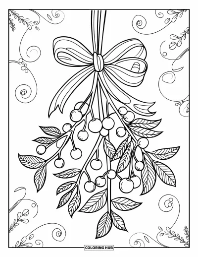 Coloriage de Noël pour enfants : Une branche de gui aux feuilles et baies détaillées, nouée avec un nœud ruban vintage