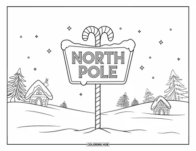 Coloriage de Noël pour enfants : Un panneau du pôle Nord dans un champ enneigé, entouré de maisons d’elfes et d’un ciel nocturne étoilé