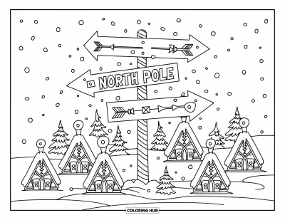 Coloriage de Noël pour enfants : Un panneau du pôle Nord avec des flèches, des maisons d’elfes aux cheminées fumantes et des pins dispersés