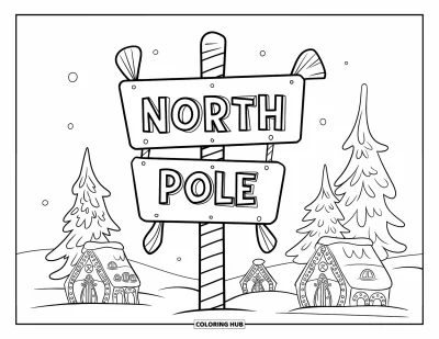 Coloriage de Noël pour enfants : Un panneau du pôle Nord rayé comme une canne en sucre d’orge, entouré de maisons d’elfes et de pins enneigés