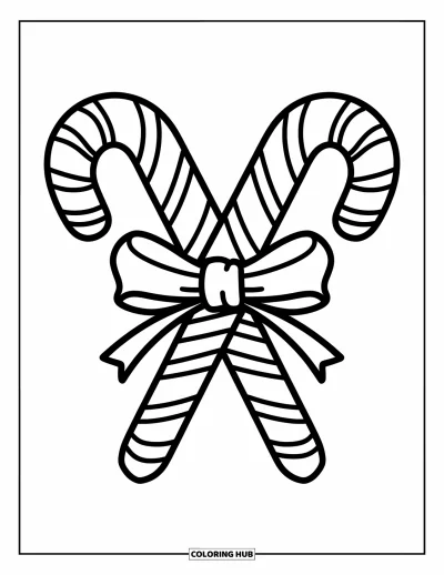 Coloriage de Noël pour enfants : Une paire de cannes en sucre d’orge attachées avec un ruban, parfaite décoration de Noël
