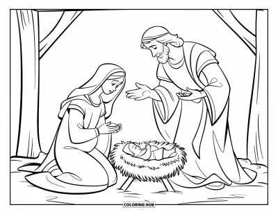 Coloriage de Noël pour enfants : Une scène de la Nativité paisible avec Marie, Joseph et l’Enfant Jésus dans une étable simple