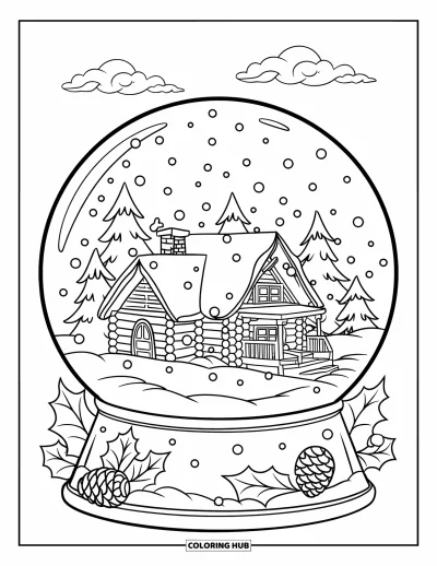 Coloriage de Noël pour enfants : Une boule à neige paisible avec un petit chalet en rondins, des pins et des flocons en spirale