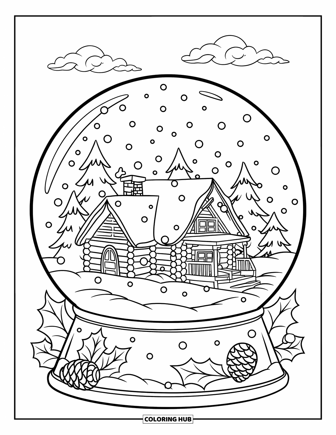 Weihnachts-Ausmalbild für Kinder: Eine friedliche Schneekugel mit einer winzigen Blockhütte, Kiefern und wirbelnden Schneeflocken