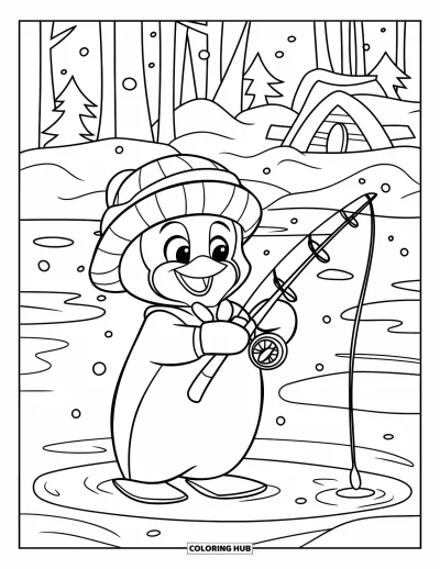 Coloriage de Noël pour enfants : Un pingouin qui pêche sur glace sur un étang gelé, bien couvert avec bonnet et gants