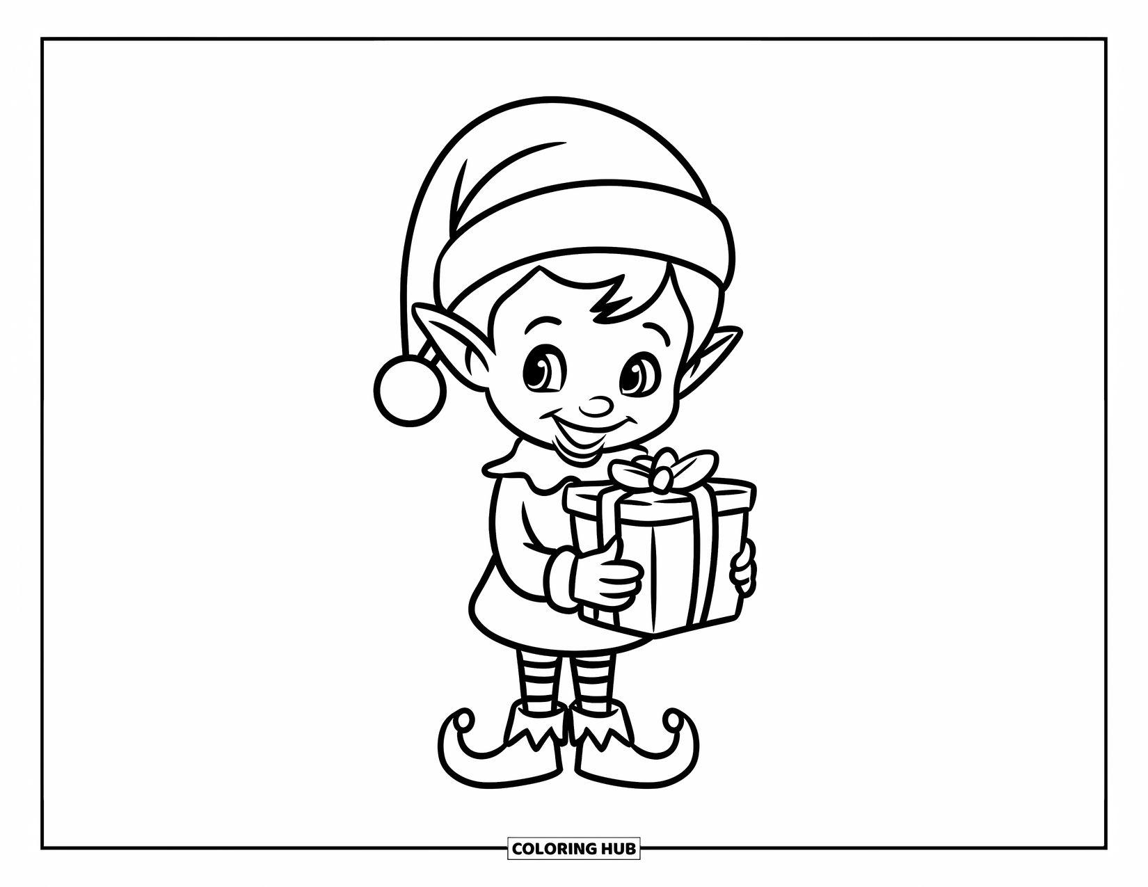 Weihnachts-Ausmalbild für Kinder: Ein verspielter Elf mit Weihnachtsmannmütze und spitzen Schuhen hält lächelnd ein verpacktes Geschenk
