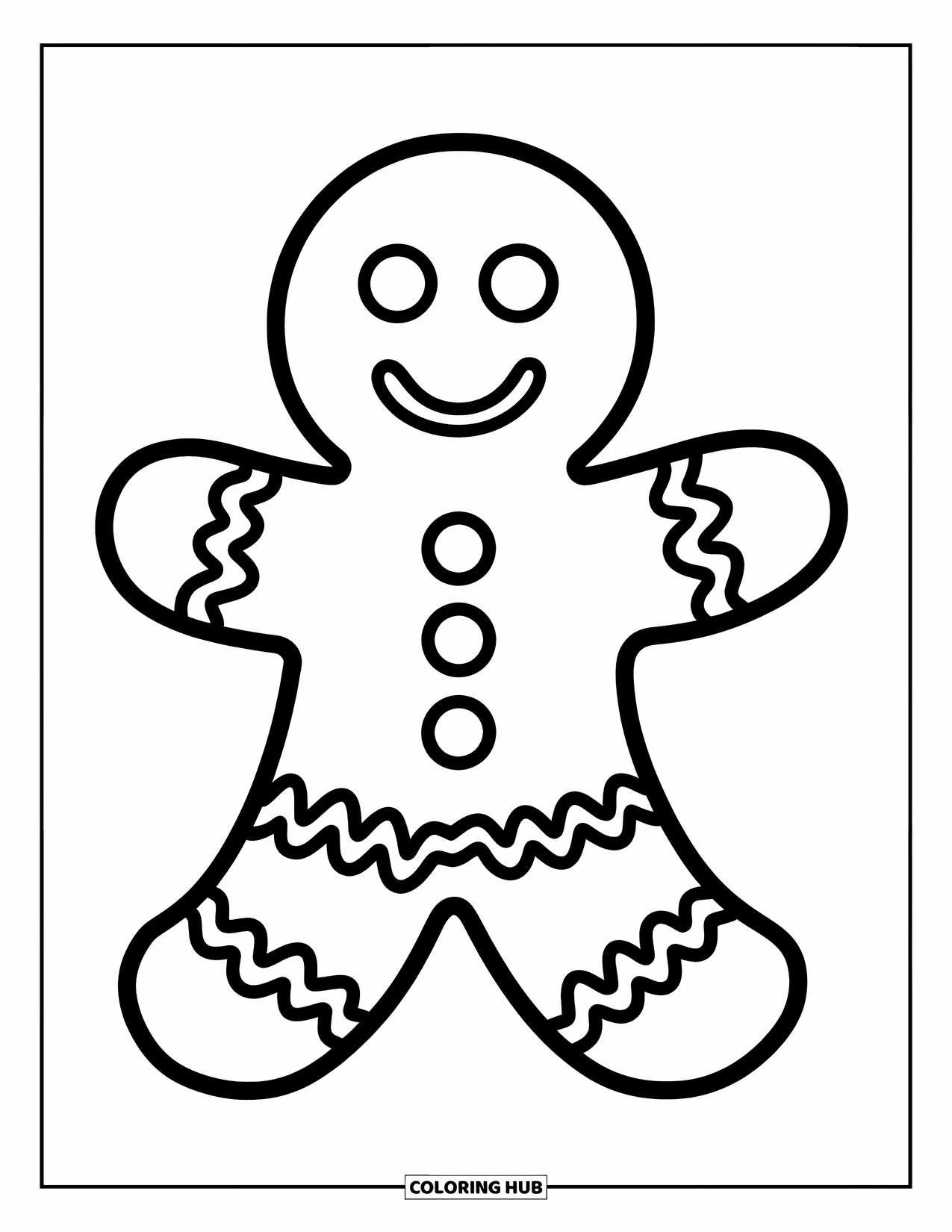 Weihnachts-Ausmalbild für Kinder: Ein verspielter Lebkuchenmann mit Zuckergussdetails und einem breiten Lächeln steht vor einem einfachen Hintergrund