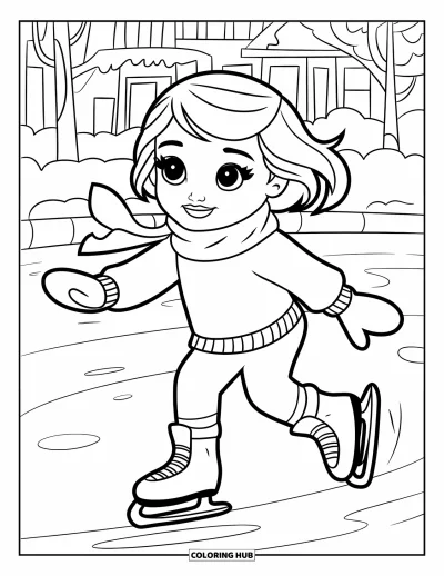 Coloriage de Noël pour enfants : Une fillette espiègle en moufles et écharpe patine joyeusement sur un étang gelé