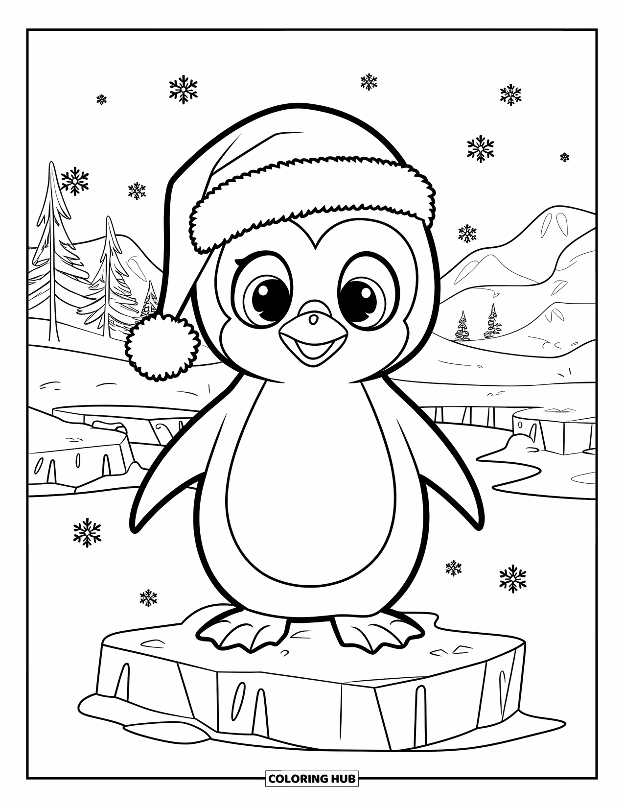 Weihnachts-Ausmalbild für Kinder: Ein verspielter Pinguin mit Weihnachtsmannmütze genießt das verschneite Wetter auf einem Eisblock
