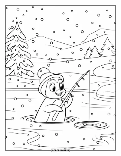 Coloriage de Noël pour enfants : Un pingouin joueur est assis près d’un étang gelé, pêchant sur glace dans l’air frais d’hiver
